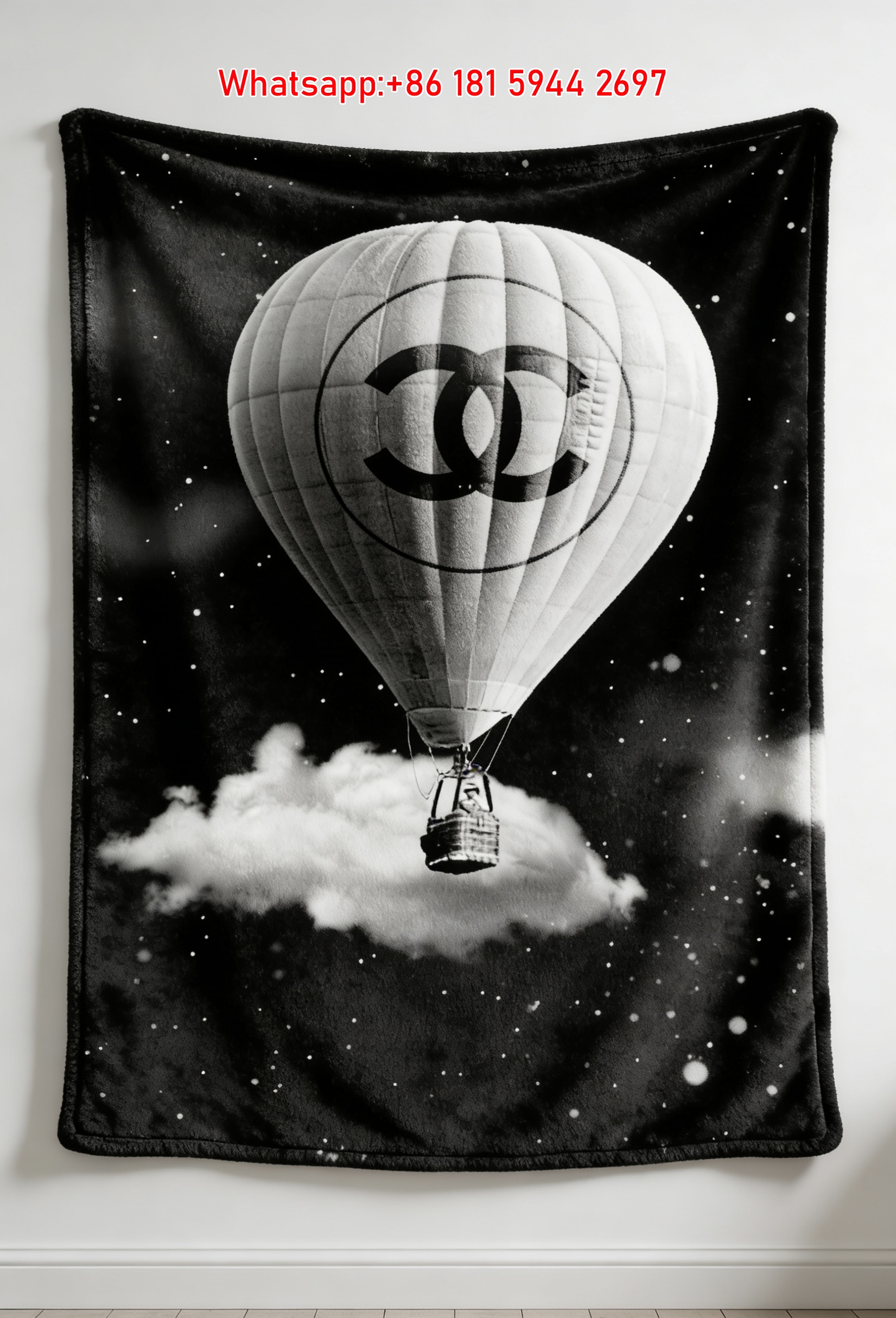 Black & White Chanel Hot Air Balloon Flannel Fleece Throw Blanket IMG_7243